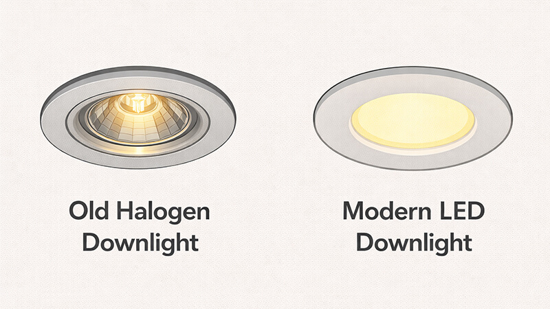 A side-by-side comparison of an old halogen downlight and a modern LED downlight