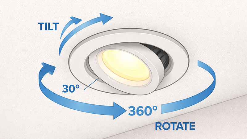 An adjustable downlight showing its tilt and rotation mechanism