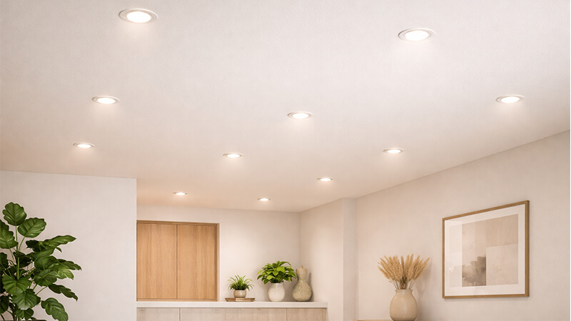 A clean, modern ceiling with recessed downlights providing ambient light