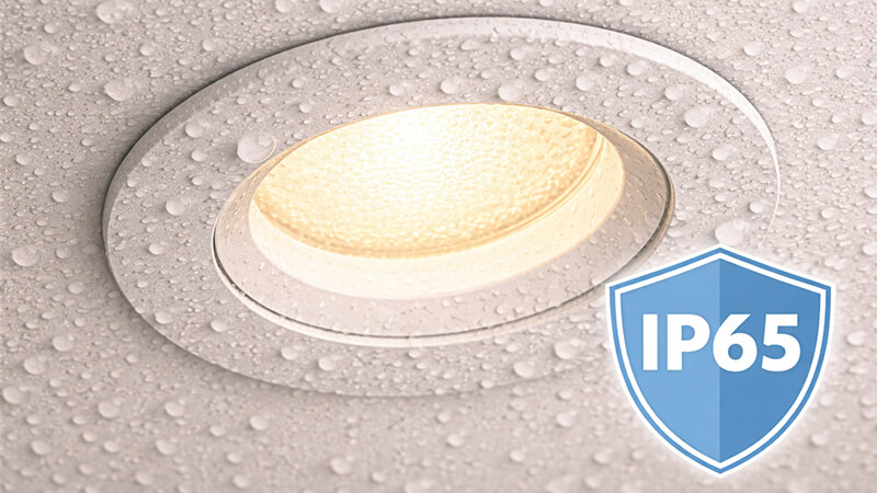 A close-up of an IP65 downlight with water beading on it