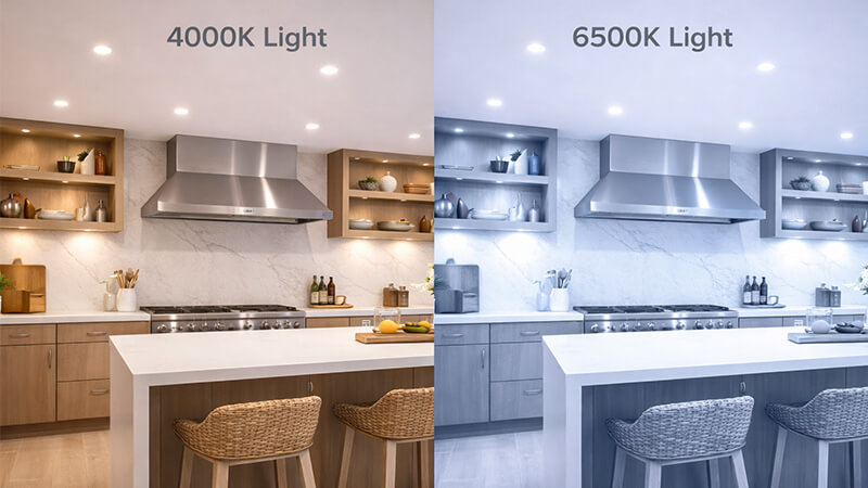 A comparison image showing the same kitchen in 4000K and 6500K light.