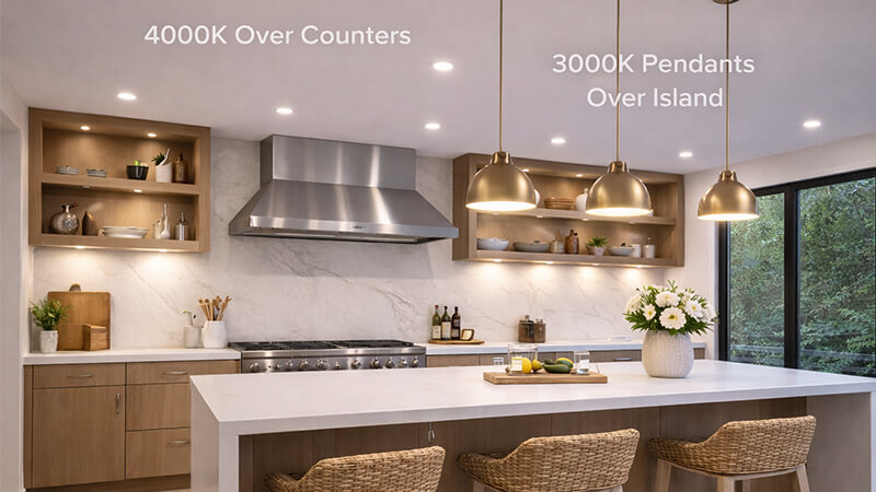 A kitchen with layered lighting, showing 4000K over counters and 3000K pendants over an island.
