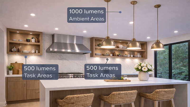 A well-lit kitchen with labels showing different lumen levels for ambient and task areas.