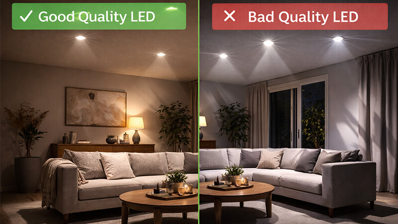 A side-by-side comparison of good quality and bad quality LED light