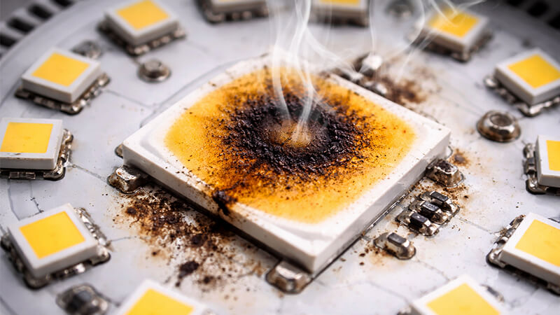 A burnt-out LED chip shown up close