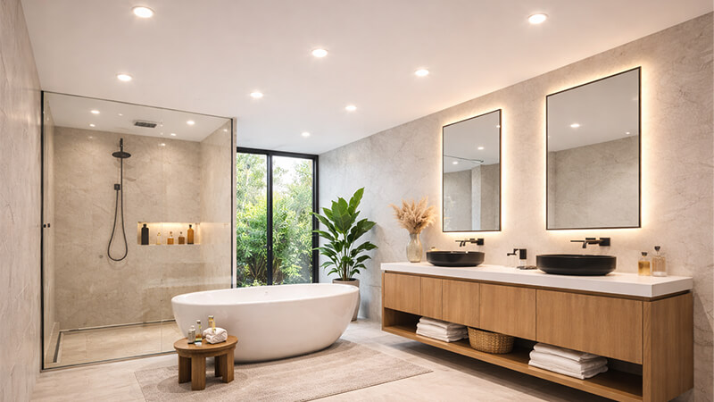 a well-lit modern bathroom with recessed downlights