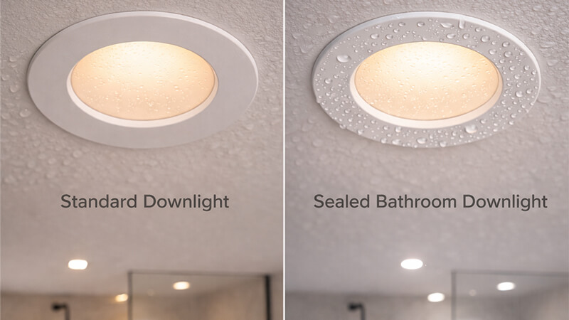 a comparison between a standard downlight and a sealed bathroom downlight