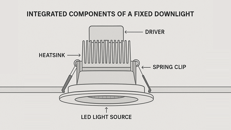 Diagram showing the integrated components of a fixed downlight