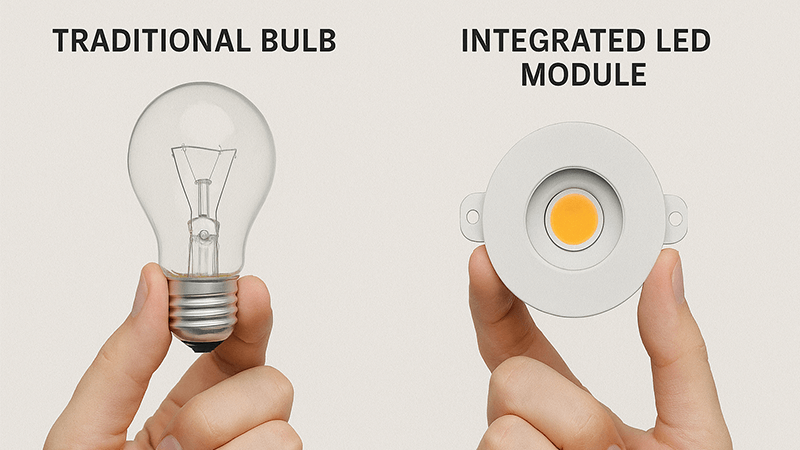 A hand showing the difference between a traditional bulb and an integrated LED module