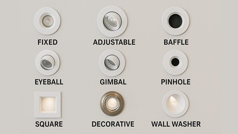 An array of different downlight types on a display wall