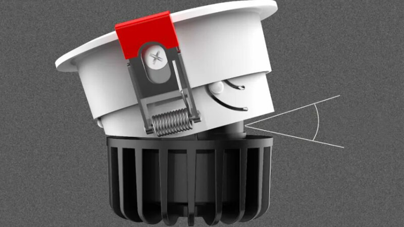 Close-up of a white adjustable downlight mechanism