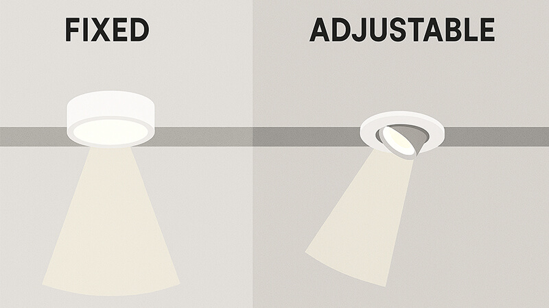 Side-by-side comparison of fixed vs adjustable downlight beams