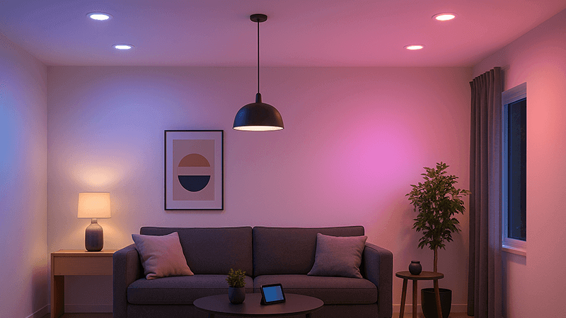 A modern living room with smart downlights installed in the ceiling