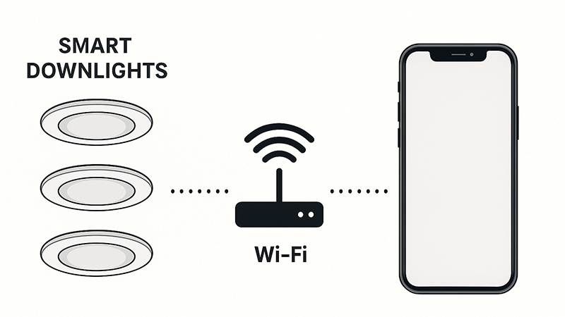 Diagram showing how smart downlights connect via Wi-Fi to a smartphone