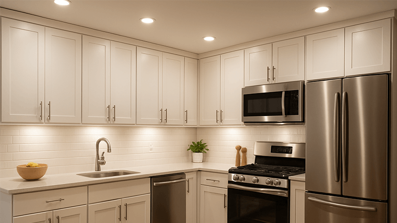 A beautifully lit kitchen with well-spaced LED downlights providing task lighting over the counters