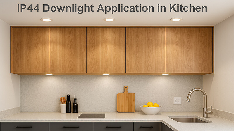 IP44 Downlight Application in Kitchen A modern kitchen with IP44 rated downlights installed above the countertop.