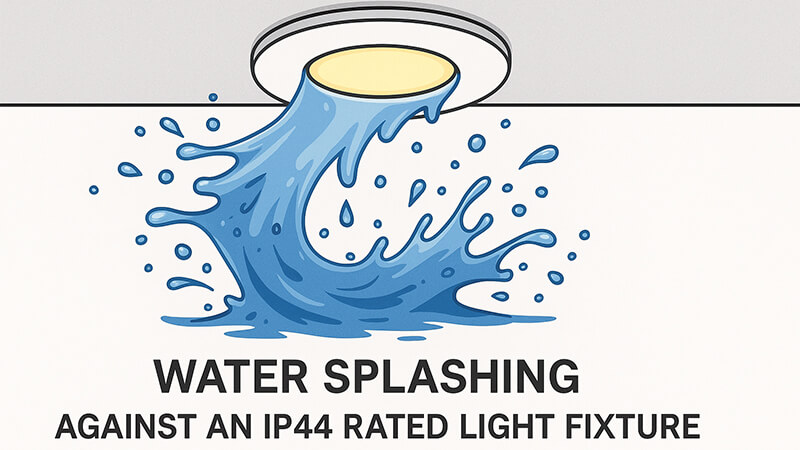 IP44 Water Splash Protection A diagram showing water splashing against an IP44 rated light fixture without penetrating it.