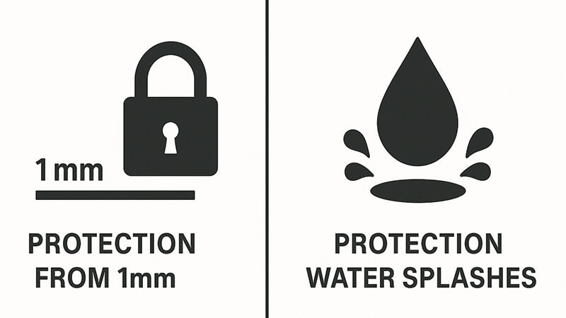 IP44 Rating Meaning in Lights An icon-based graphic showing protection from a 1mm wire and water splashes.