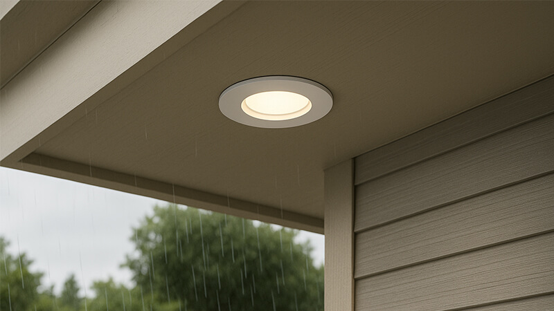 IP44 Downlight in a Covered Outdoor Area A downlight under a covered patio, protected from direct rain but exposed to the elements.