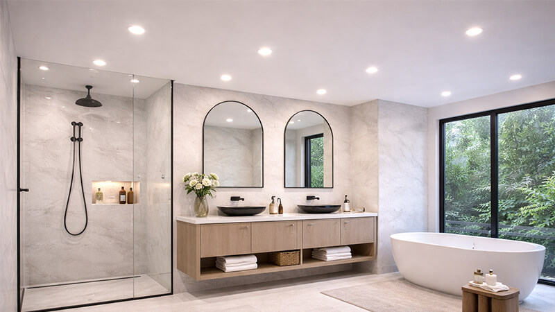 A modern bathroom with sleek downlights on the ceiling
