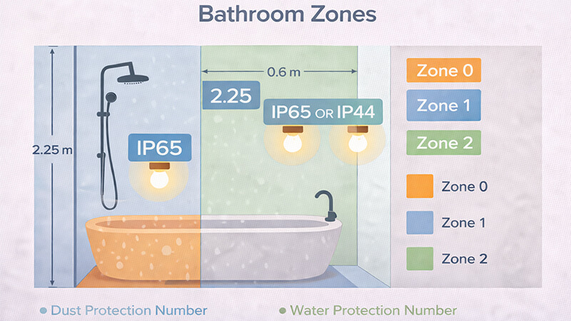 A diagram of bathroom zones showing where IP65 and IP44 lights should be installed
