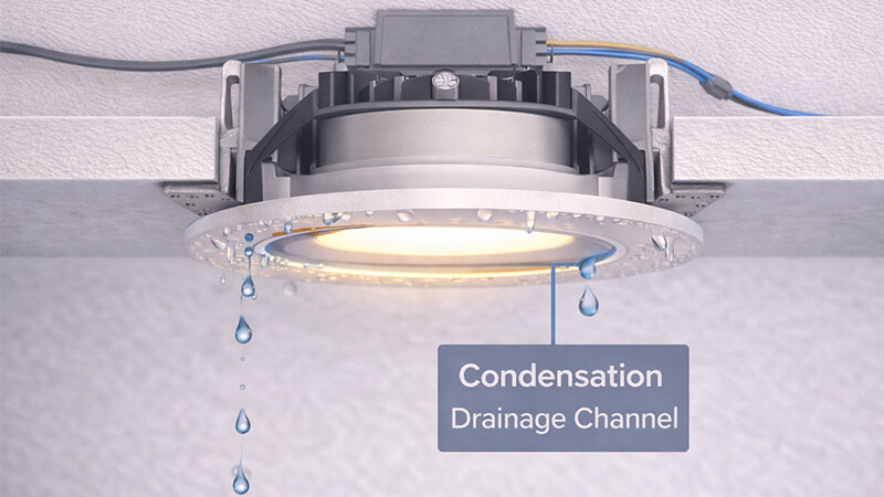 A cross-section of a downlight showing a condensation drainage channel