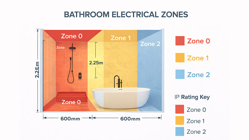 Diagram showing bathroom electrical zones 0, 1, and 2