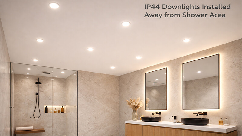 A bathroom ceiling with IP44 downlights installed away from the shower area