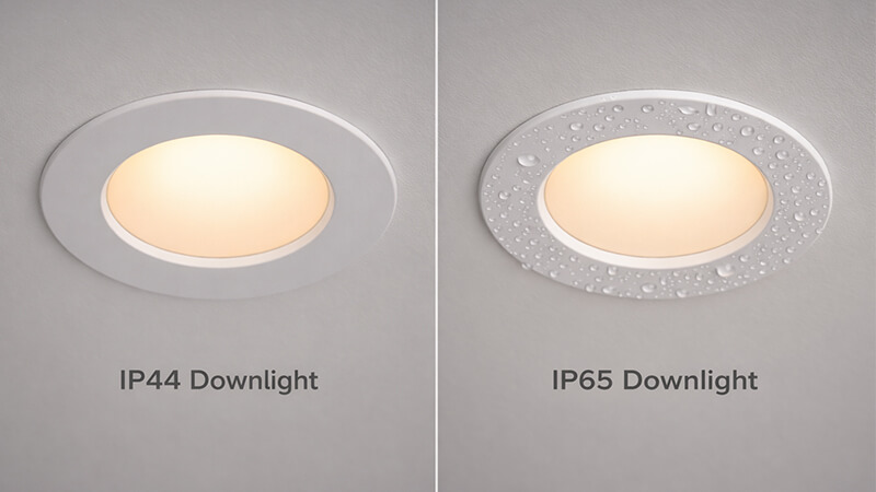 Side-by-side comparison of an IP44 and an IP65 downlight