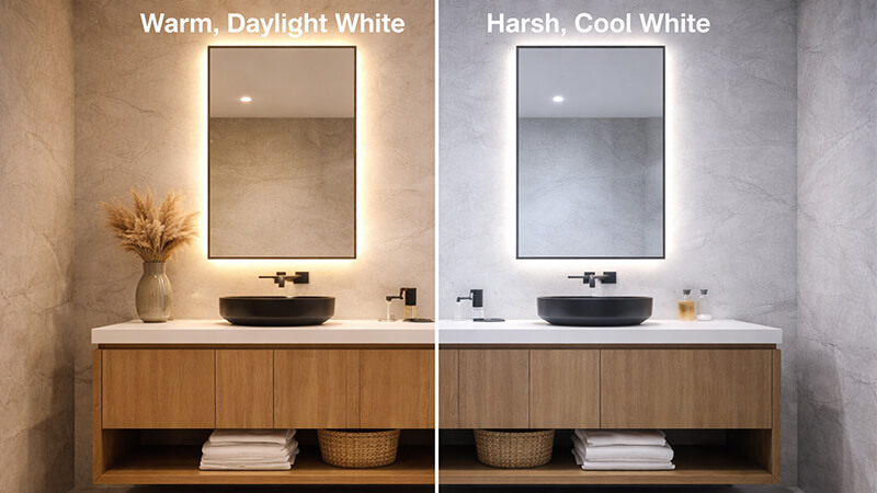 A bathroom vanity with warm, daylight white lighting on one side and harsh, cool white on the other
