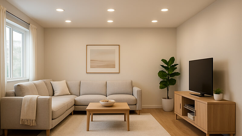 A well-lit modern living room with a seamless downlight layout.