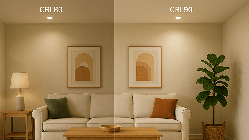 Side-by-side comparison of a room with CRI 80 and CRI 90 lighting