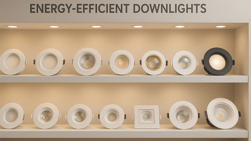 A display of various energy-efficient downlights