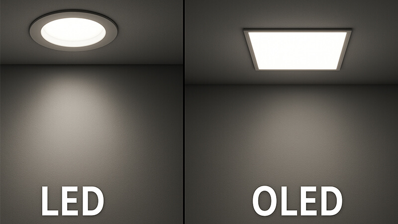 Side-by-side comparison of a bright LED downlight and a diffuse OLED panel