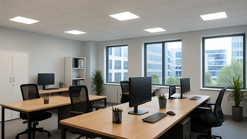 An office space illuminated by modern, energy-efficient LED panel lights
