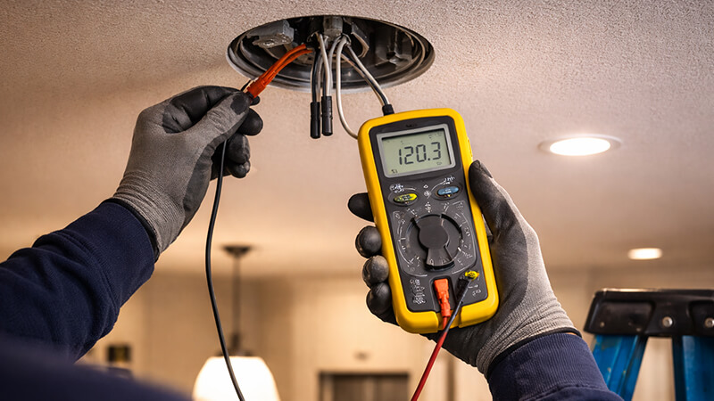 An electrician using a multimeter to test a lighting circuit