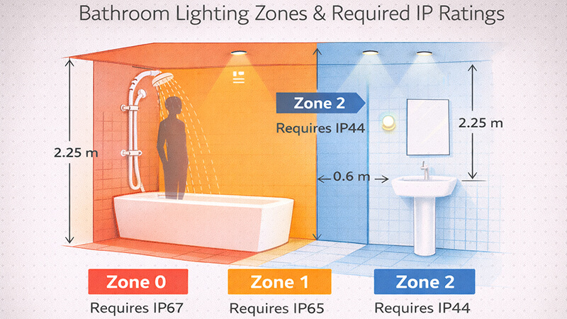 A diagram of bathroom lighting zones and required IP ratings