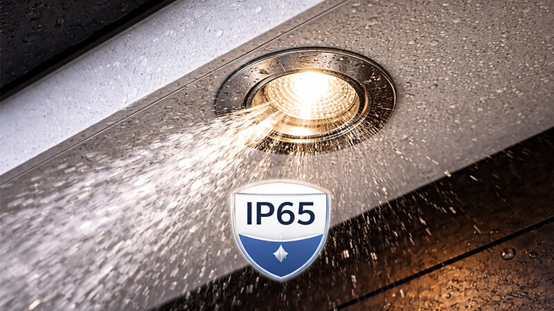 An IP65 downlight being sprayed with water