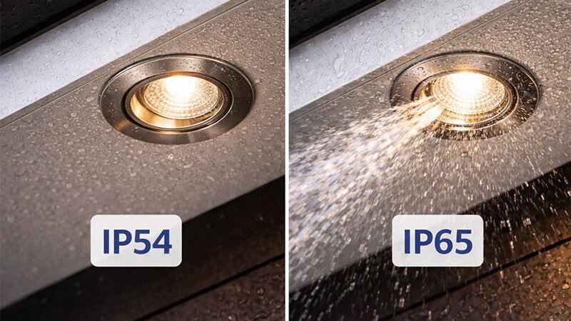 Comparing an IP54 and IP65 downlight side-by-side