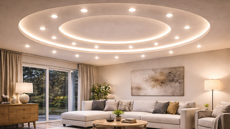 living room with layered downlight design
