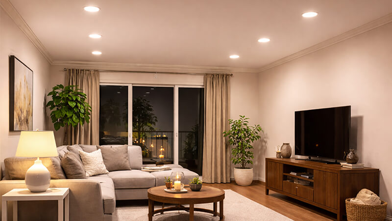 A modern living room with perfectly placed recessed downlights illuminating the space.