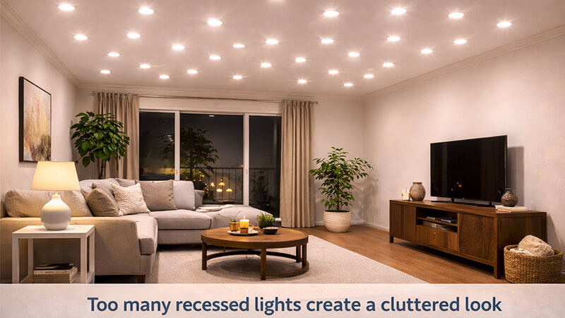 A poorly planned ceiling with too many recessed lights creating a cluttered look.