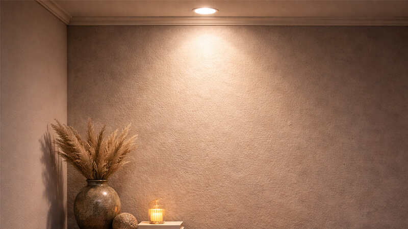 A textured wall beautifully highlighted by a recessed wall-washer downlight.