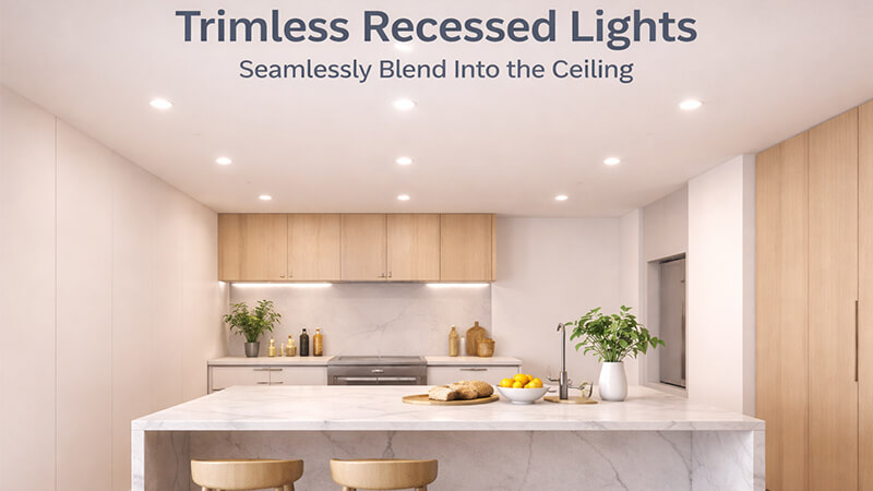 A minimalist kitchen design showcasing how trimless recessed lights blend into the ceiling.