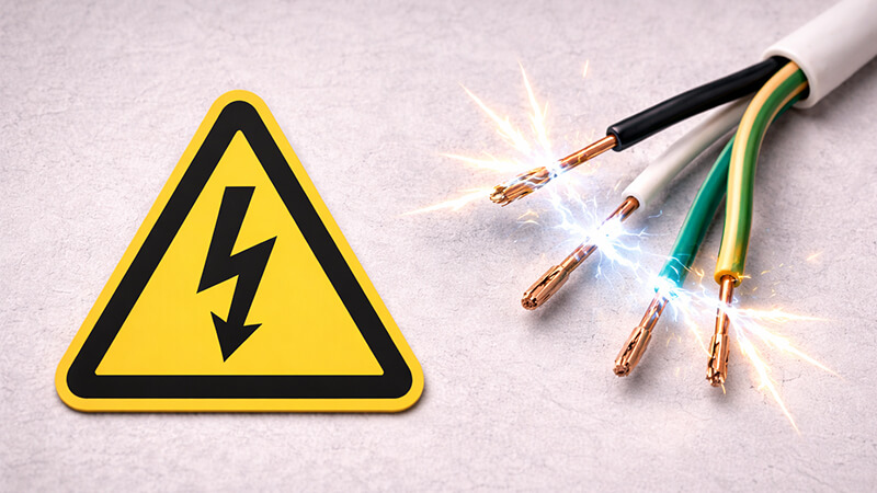A warning sign showing a symbol for electric shock hazard next to an exposed wire.