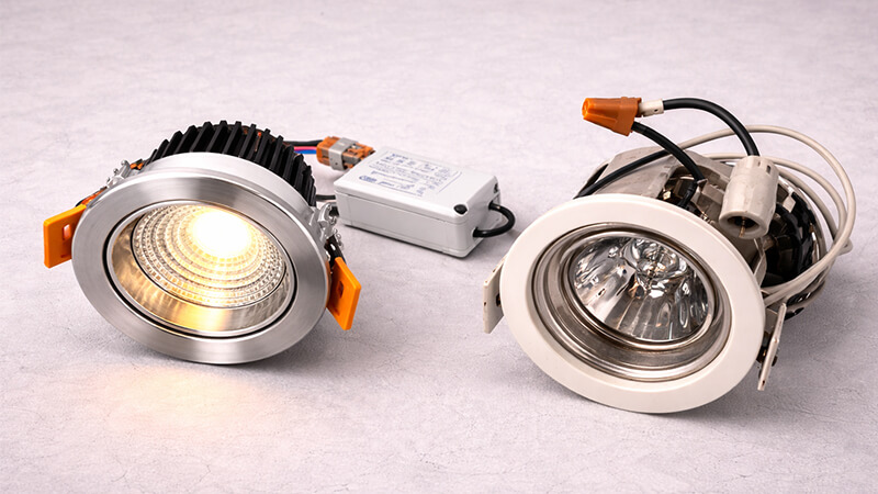A new, modern integrated LED downlight next to an old one that has been removed.