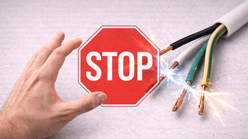 A hand reaching for an exposed wire with a red "stop" sign overlayed.