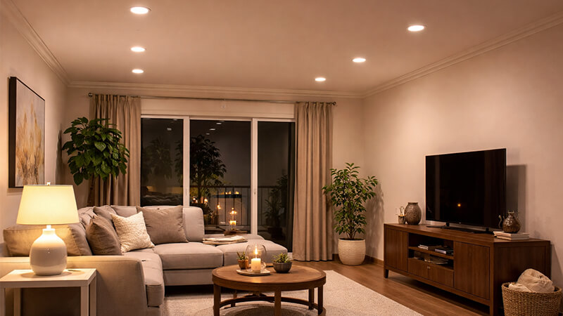 How Dimmable Downlights Work A smoothly dimmed living room with modern LED downlights