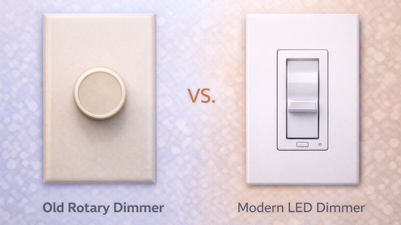 LED Dimmer Switch vs Traditional Dimmer A comparison of an old rotary dimmer and a modern LED dimmer switch