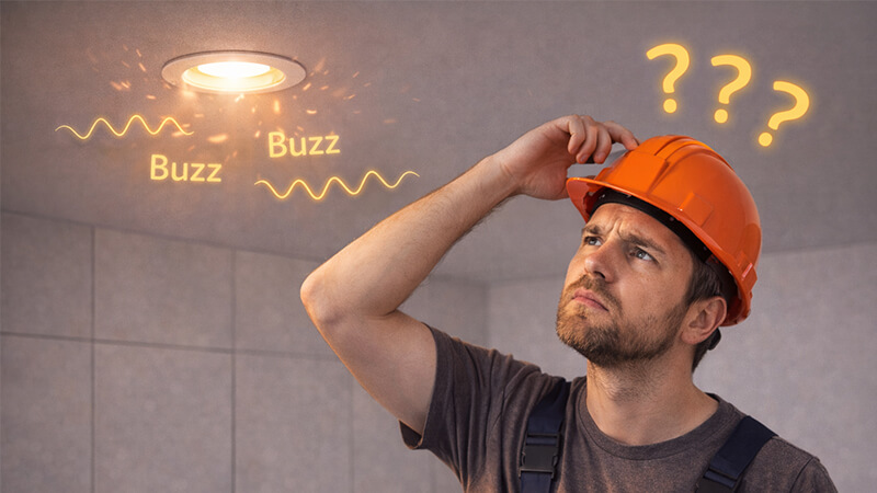 Problems with the Wrong LED Dimmer An electrician looking confused at a buzzing, flickering light fixture